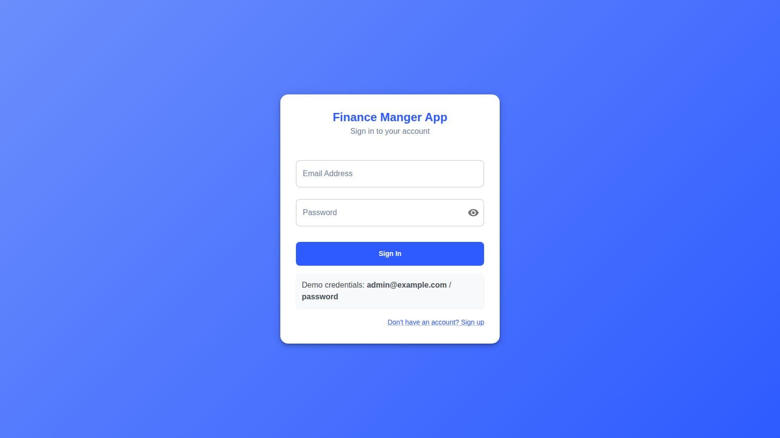 Finance app sign-in screen with demo credentials