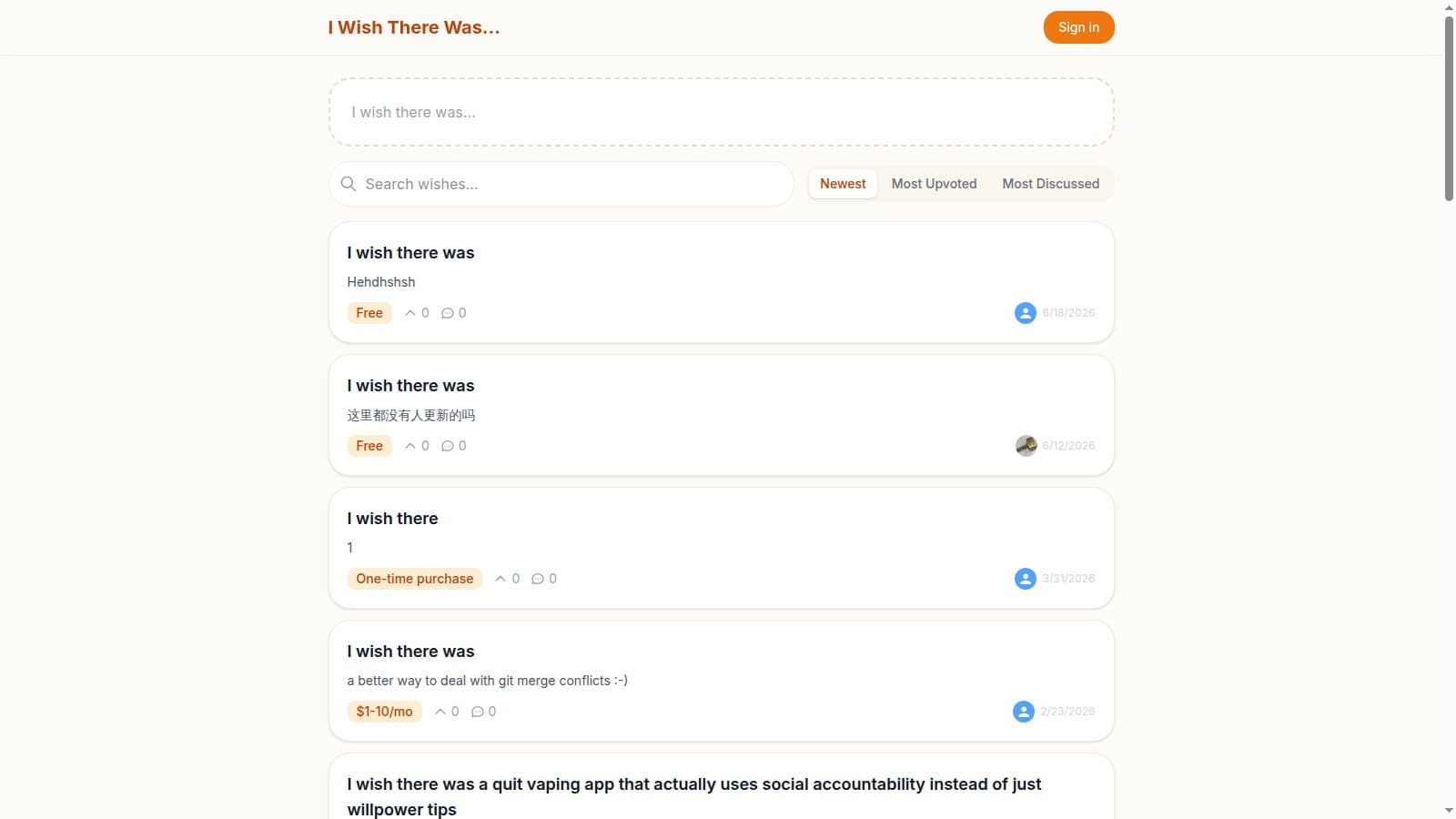 I Wish There Was feed of user-posted product wishes with upvotes