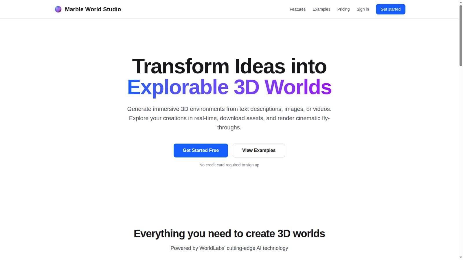 Marble World Studio landing page, Transform Ideas into Explorable 3D Worlds