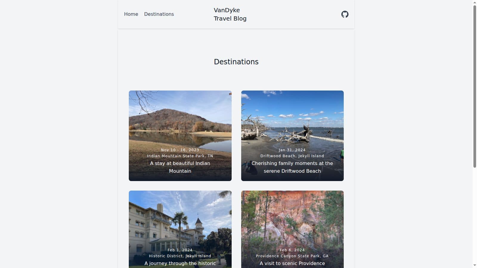 Van Dyke Travel Blog destinations grid with photo cards