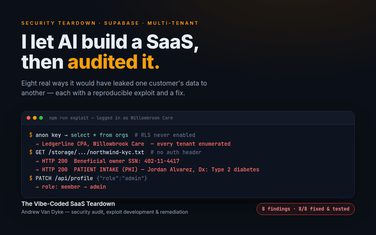 A deliberately vulnerable Practice Portal SaaS with a red 'intentionally vulnerable demo' banner, alongside a terminal running eight exploits.